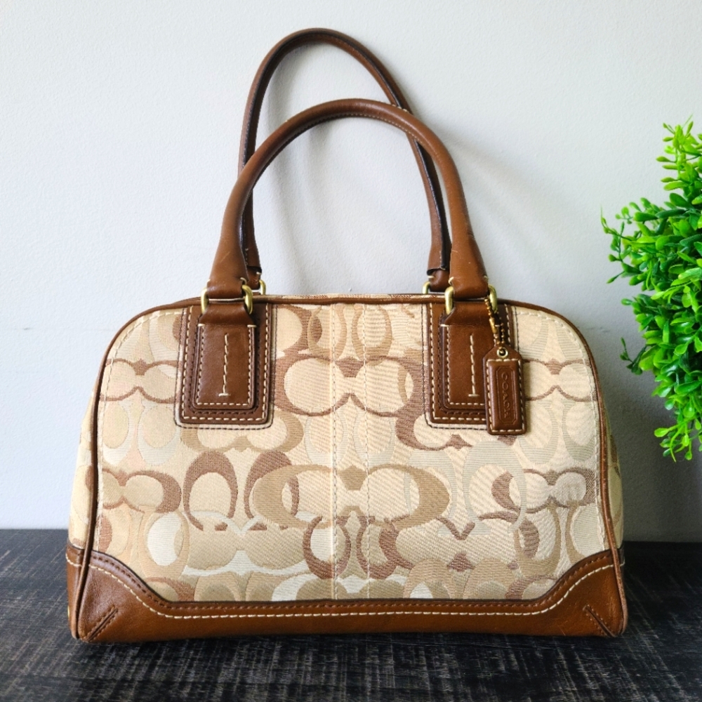 Coach Hamptons Tan Brown Optic Signature Canvas Leather Satchel #10777